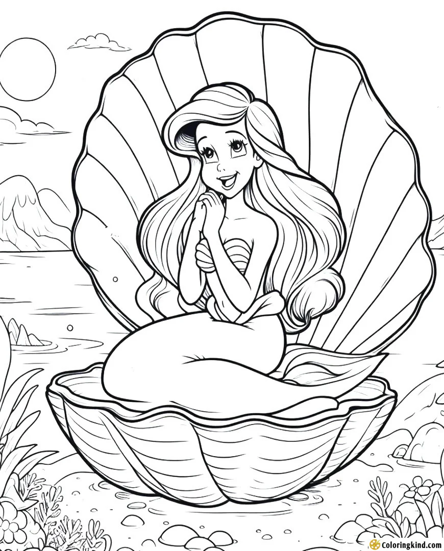 Ariel sitting in a clam coloring
