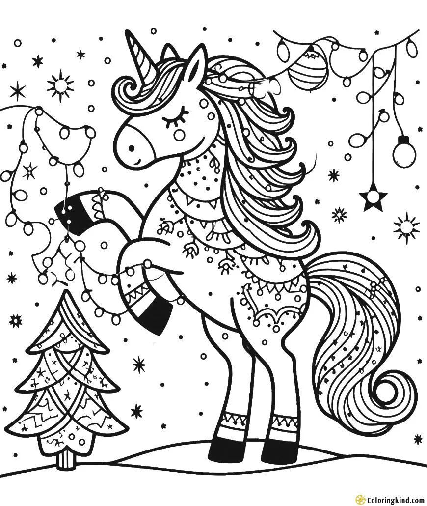 Unicorn with Christmas Lights and small tree