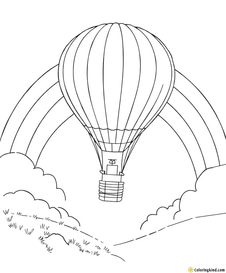 Hot air balloon floating through a rainbow