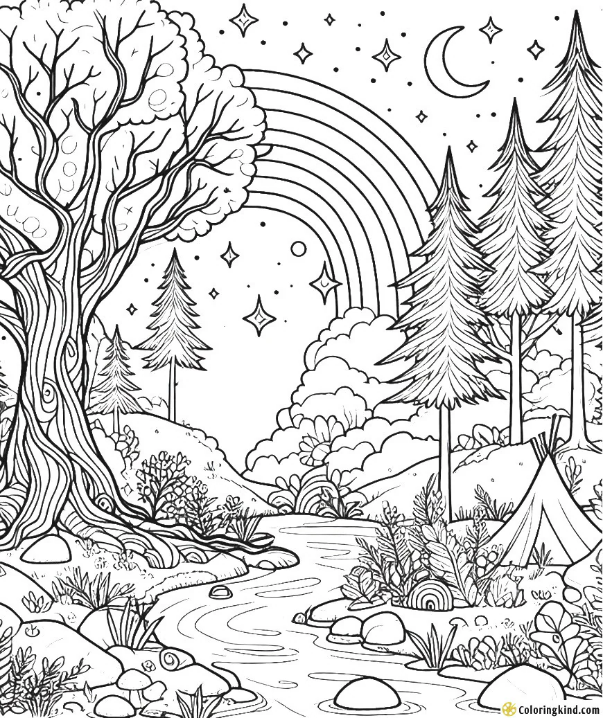 Magical forest with rainbow
