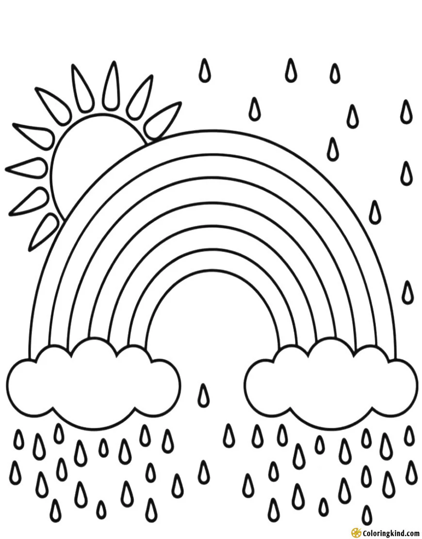The sun behind the rainbow in the rain
