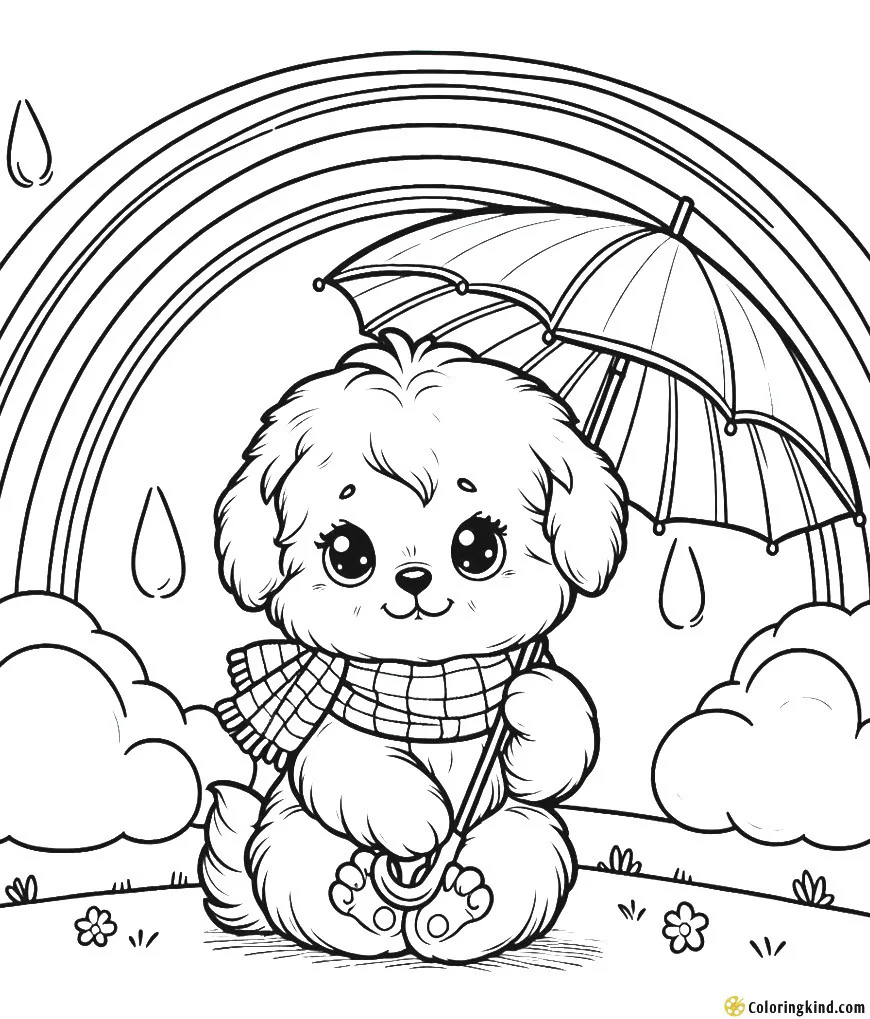 Puppy holding a umbrella under rainbow