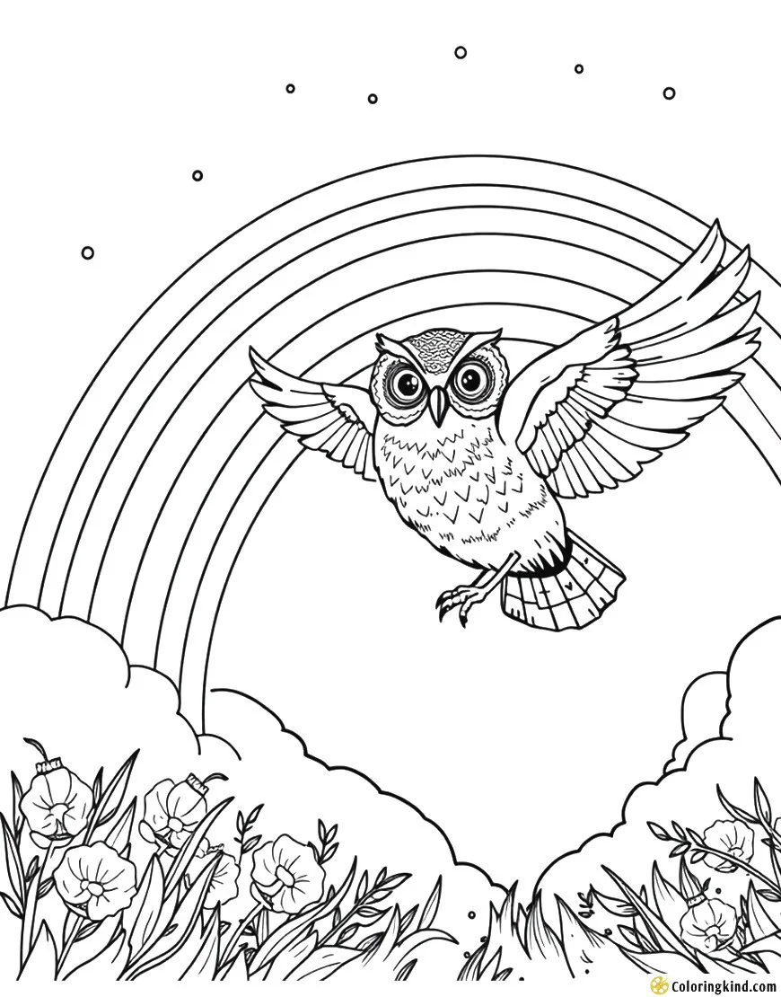 Owl flying through a rainbow sky