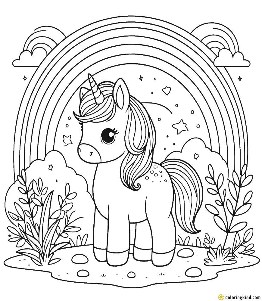 Baby unicorn standing under a rainbow