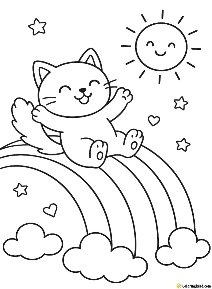 A happy cat sliding down a rainbow