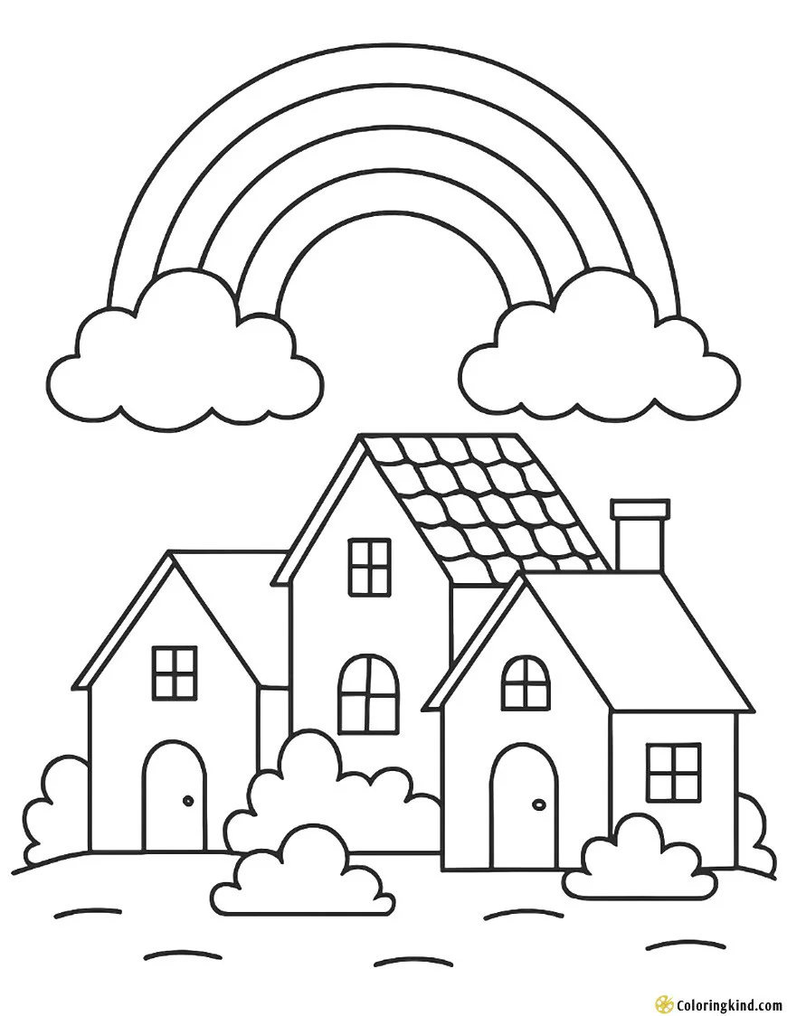 Rainbow above a small village with cozy houses