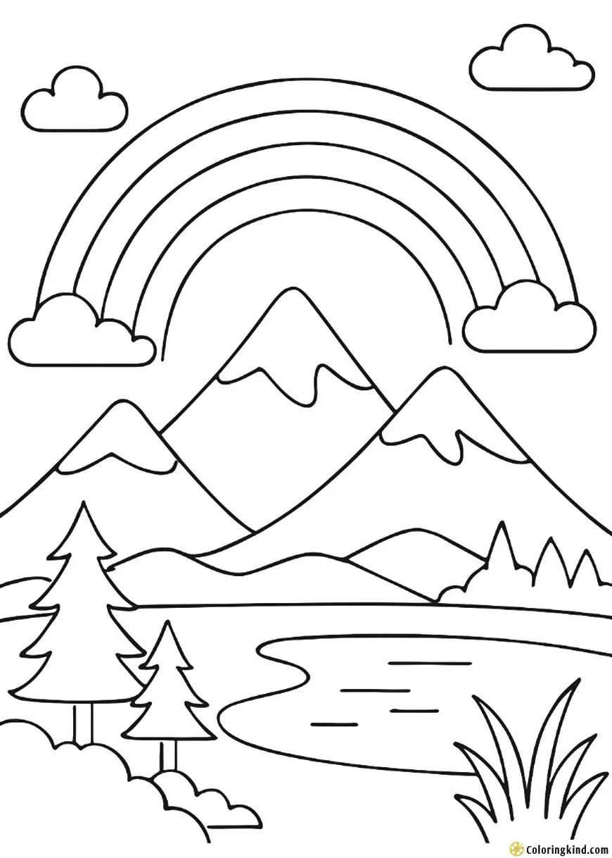 A rainbow stretching over a peaceful mountain scene