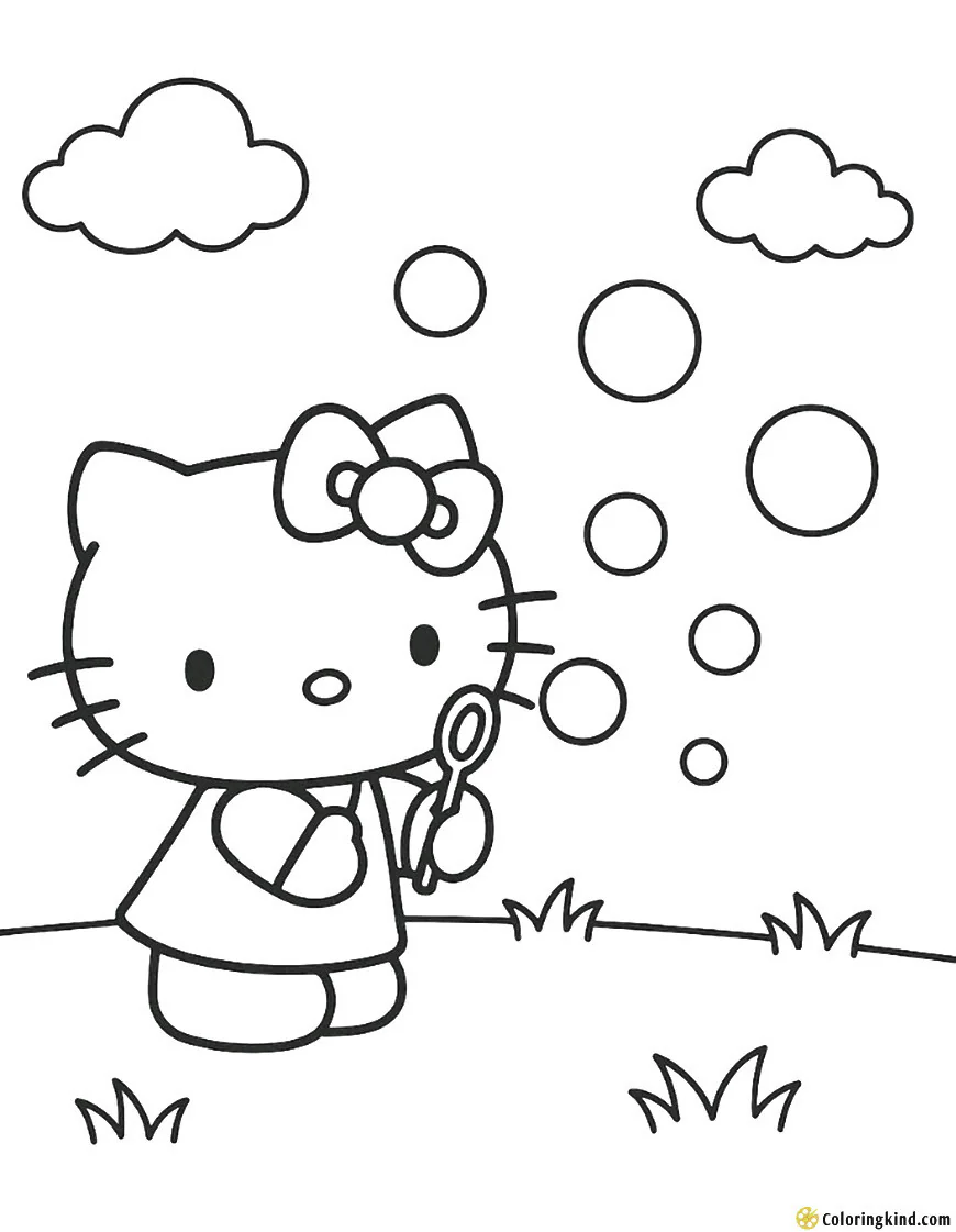 Hello Kitty blowing bubbles outside