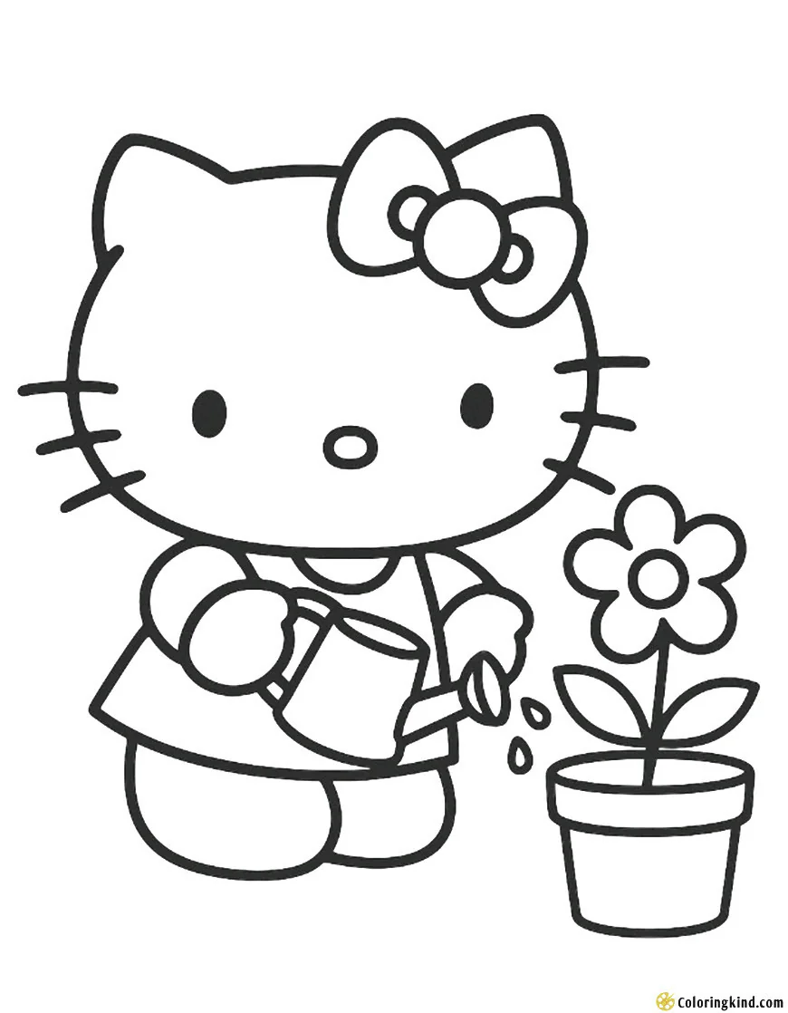 Hello Kitty taking care of a flower pot