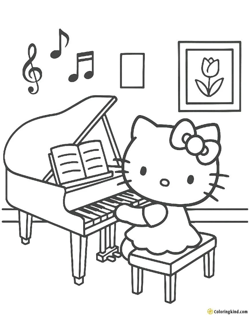 Hello Kitty playing piano in a music room