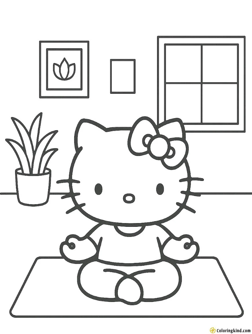 Hello Kitty practicing yoga with a mat