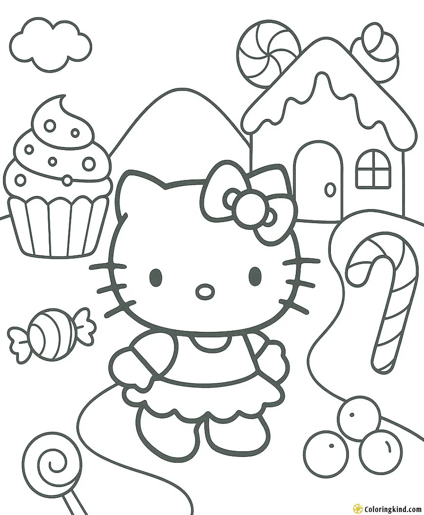 Hello Kitty visiting a land of candy and sweets