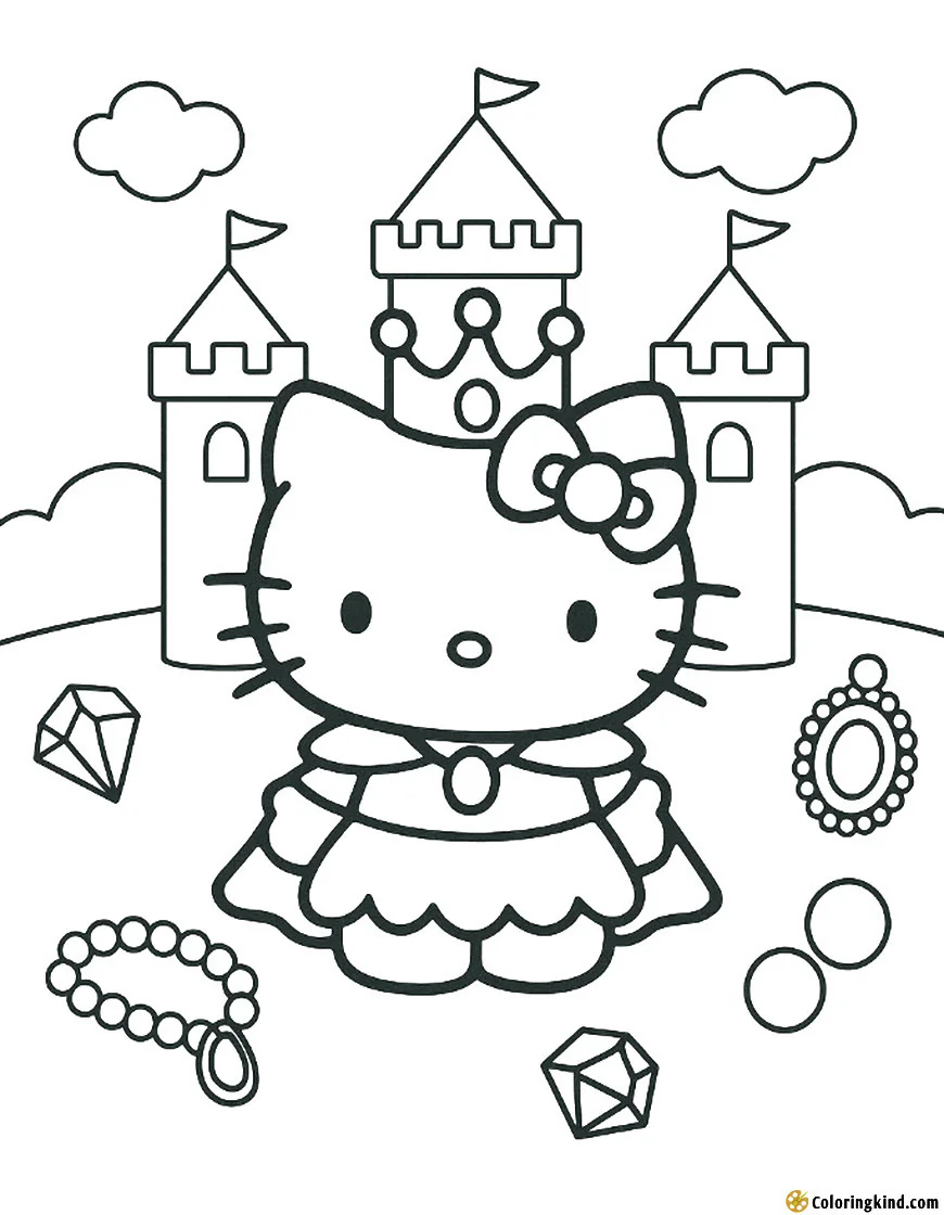 Hello Kitty in a castle with a crown and jewels