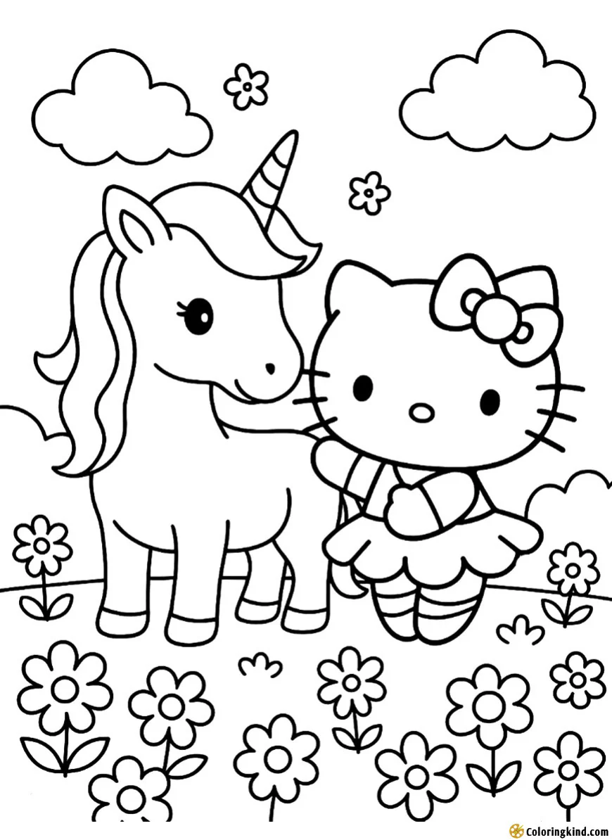 Hello Kitty with a unicorn in a flower field