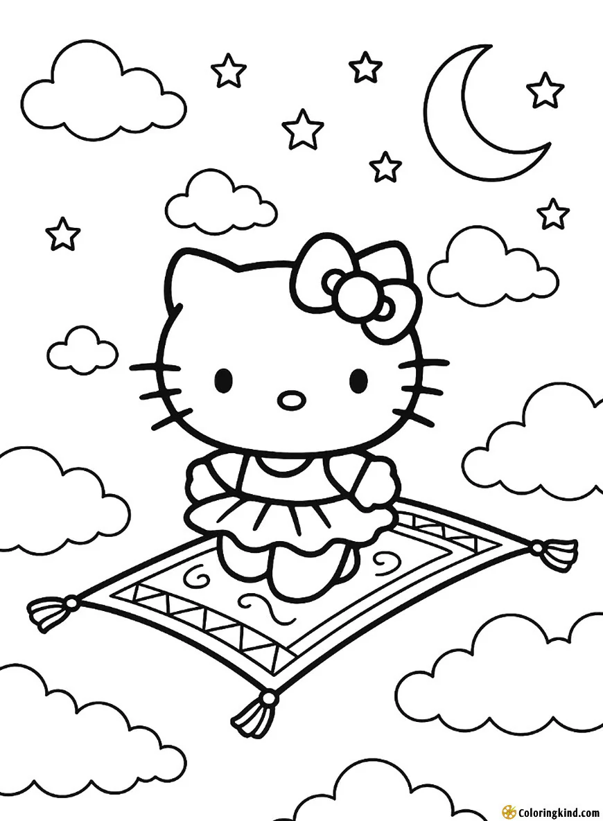 Hello Kitty flying on a magic carpet