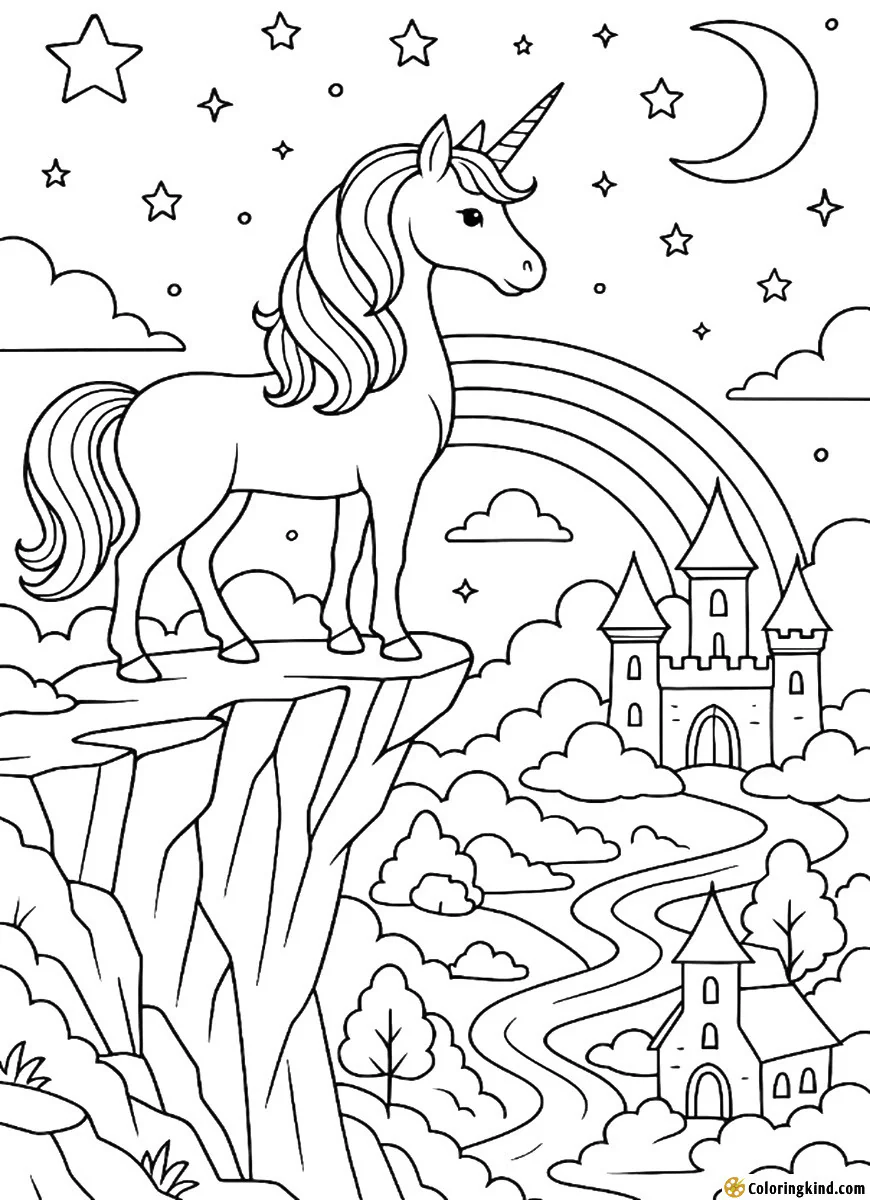 A unicorn on a cliff overlooking a dreamland