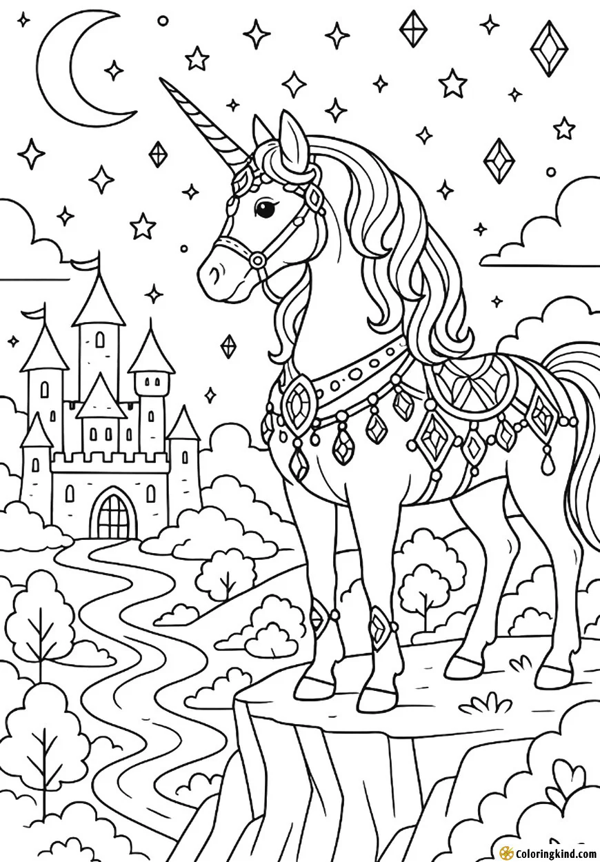 A unicorn with jeweled armor in a fantasy realm