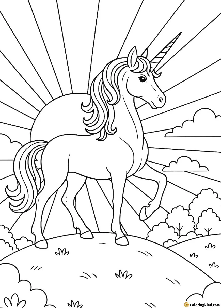 A unicorn on top of a hill with a rising sun