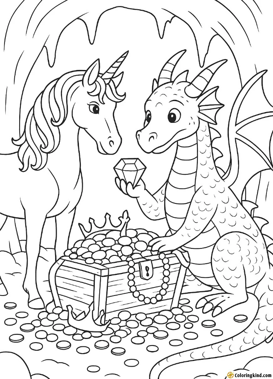 A unicorn and a dragon sharing a treasure