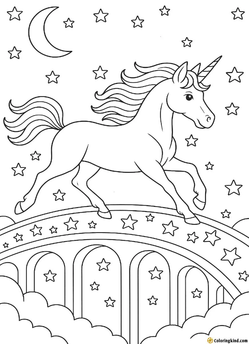 A unicorn running across a starry bridge