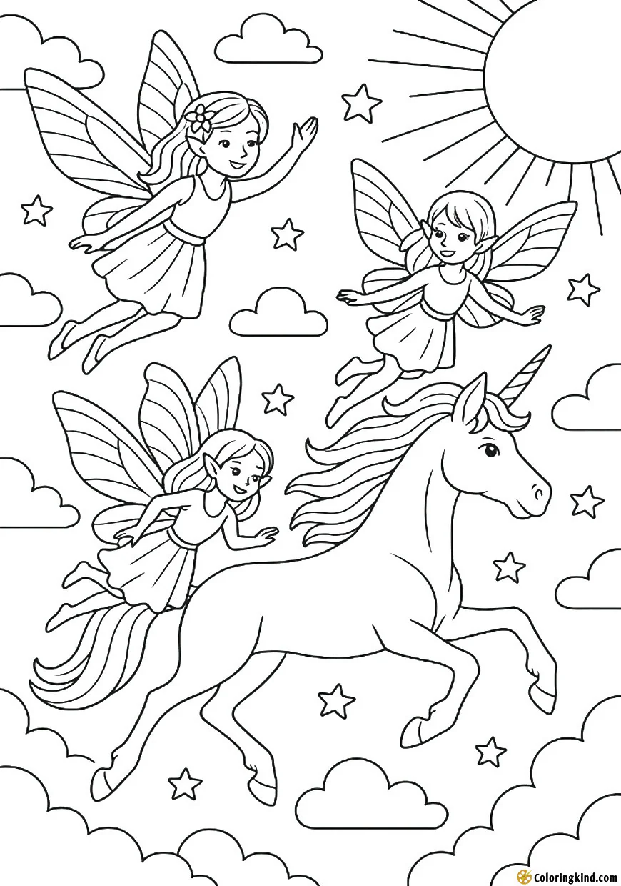 A unicorn and fairy friends flying together