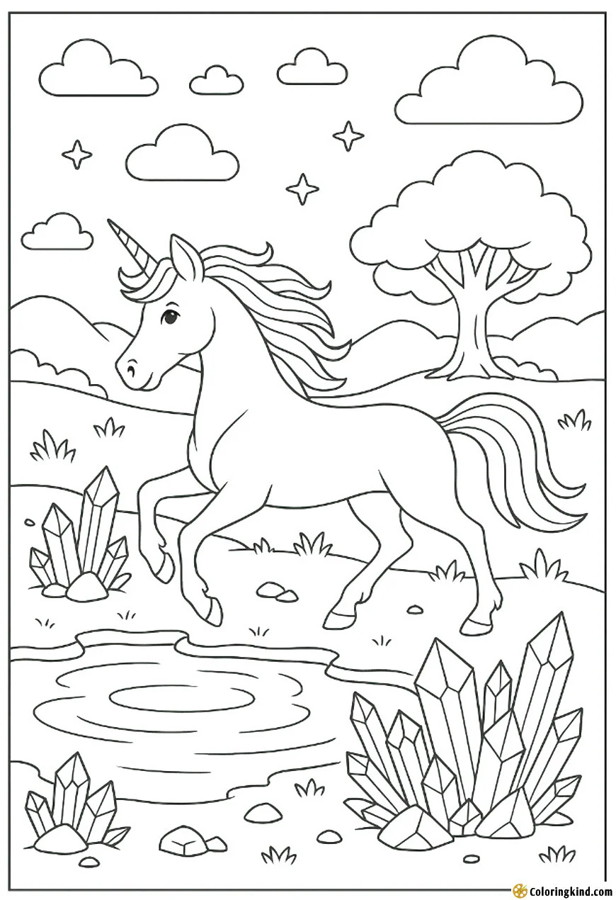A unicorn playing near a crystal pond