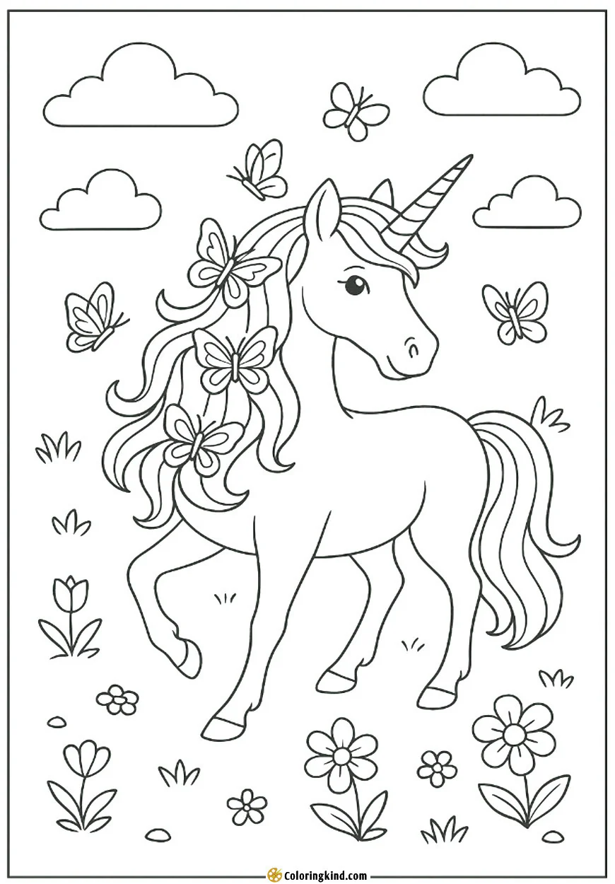 A unicorn with butterflies in its mane