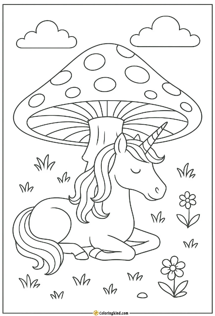 A unicorn resting under a giant mushroom