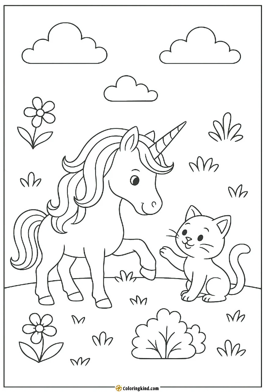 A unicorn playing with a kitten in the garden