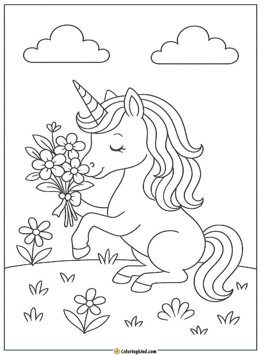 A unicorn smelling a bouquet of flowers