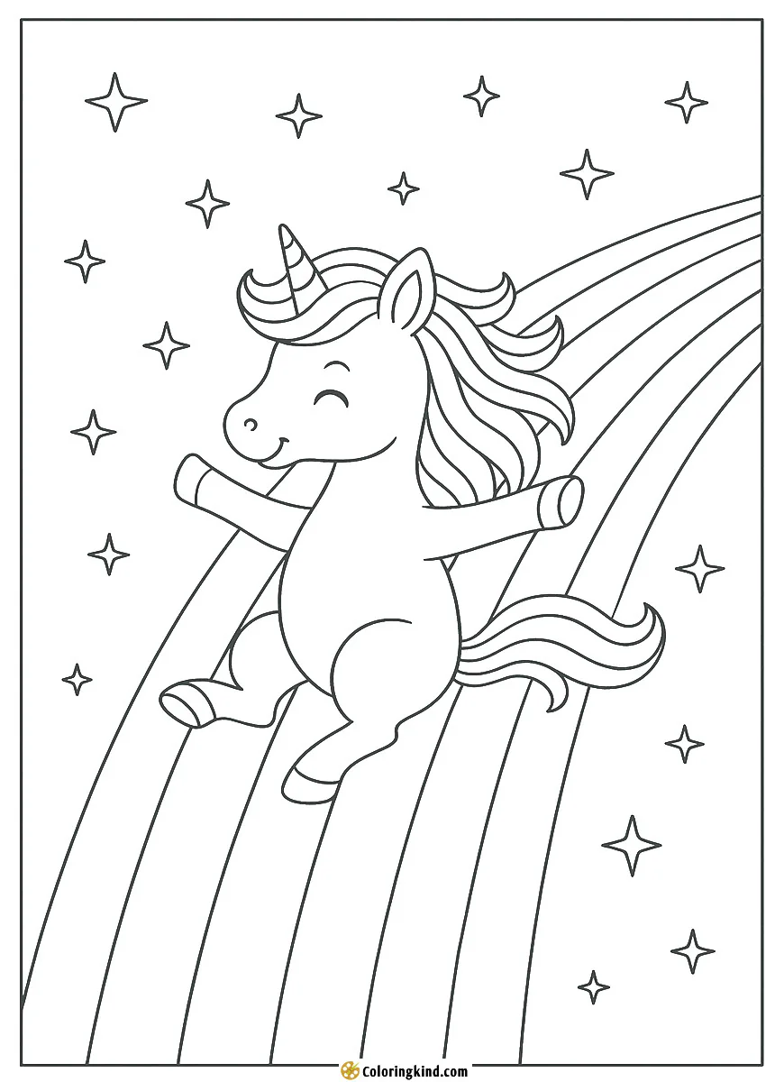 A unicorn sliding down a rainbow