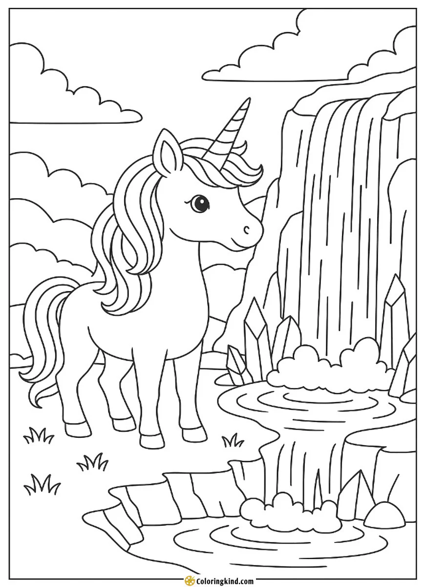 A unicorn standing by a magical waterfall