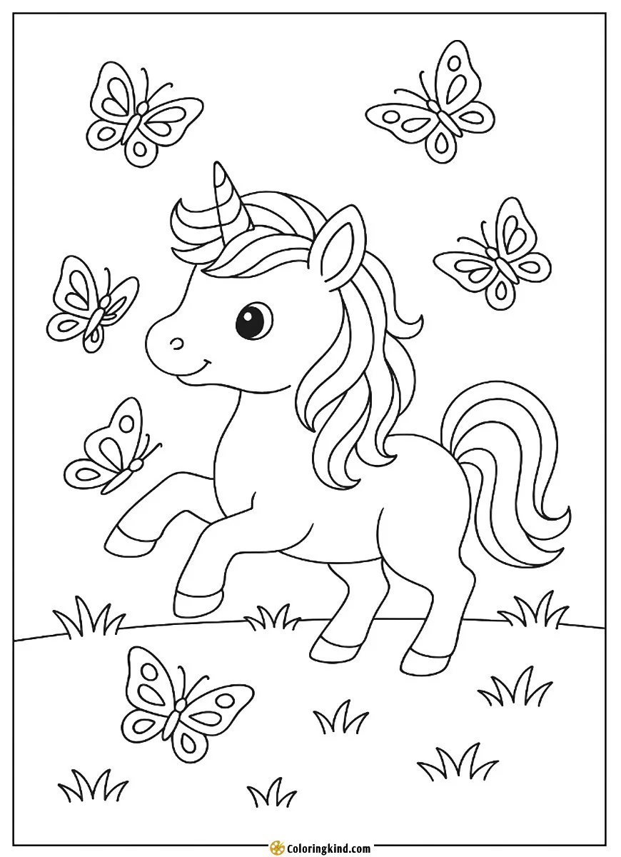 A baby unicorn playing with butterflies
