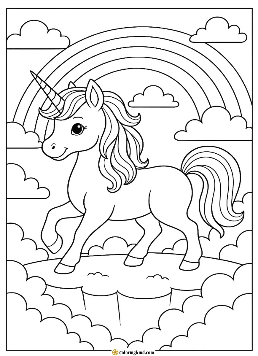 A unicorn walking under a rainbow