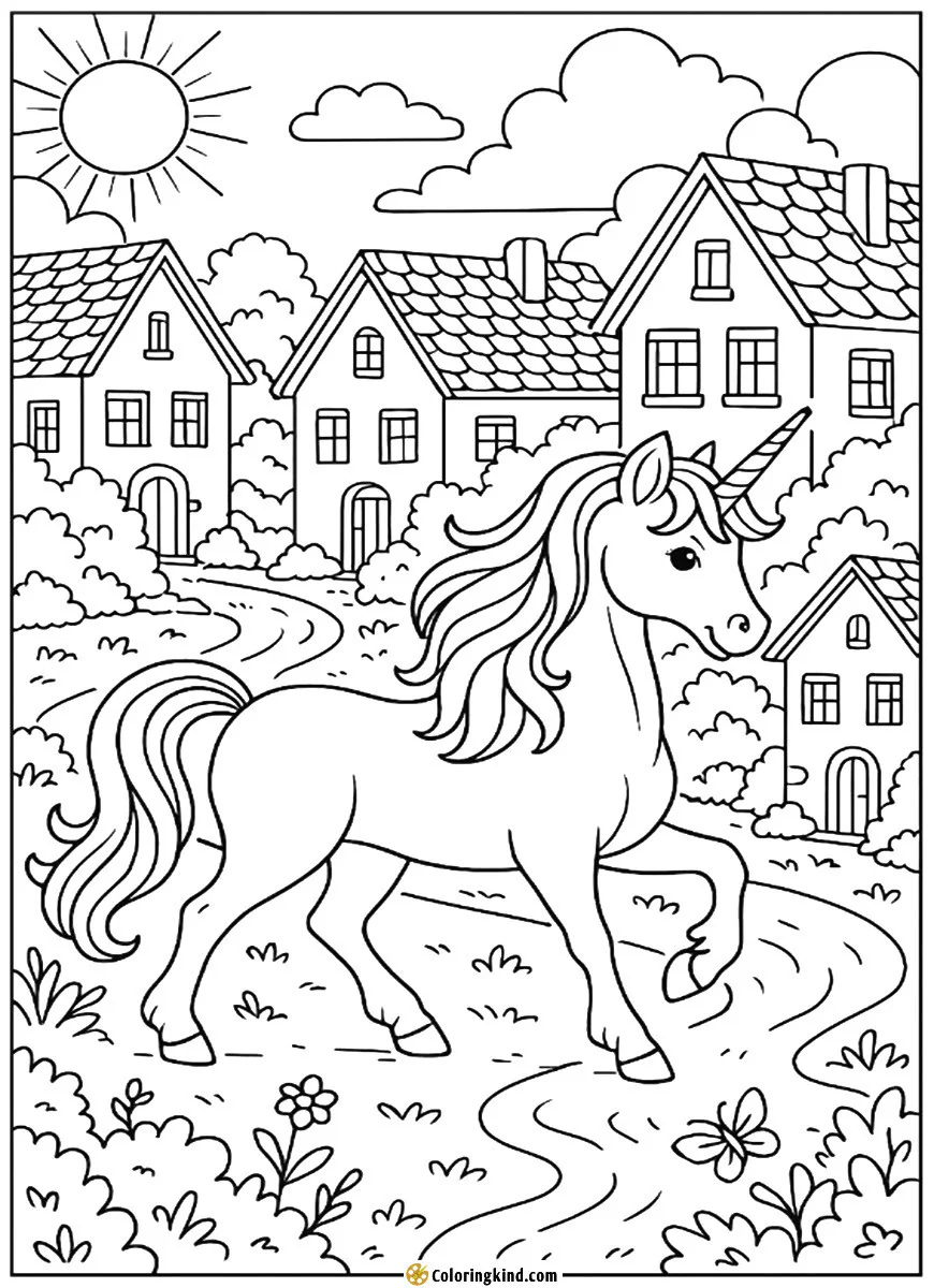 A unicorn trotting through a peaceful village