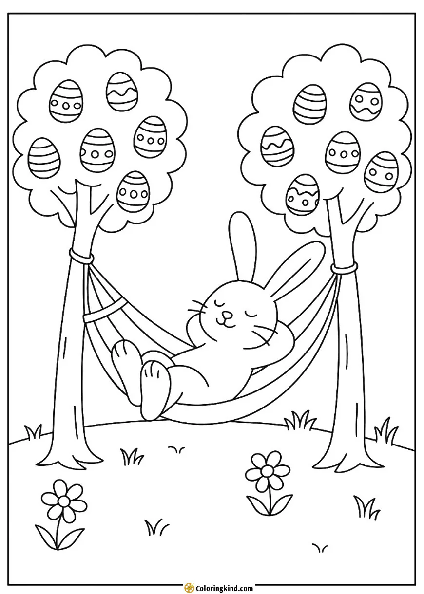 A bunny relaxing in a hammock between two egg trees