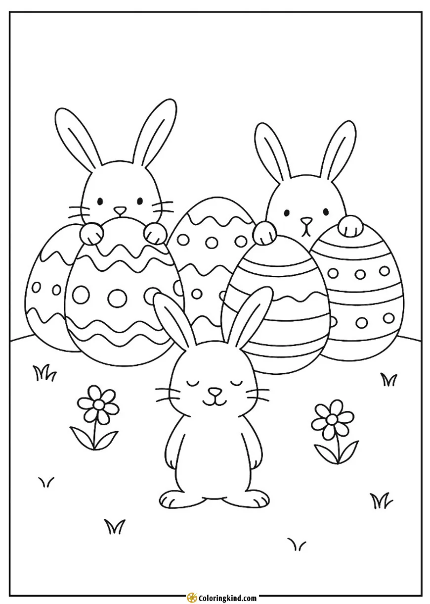 Bunnies playing hide and seek behind Easter eggs