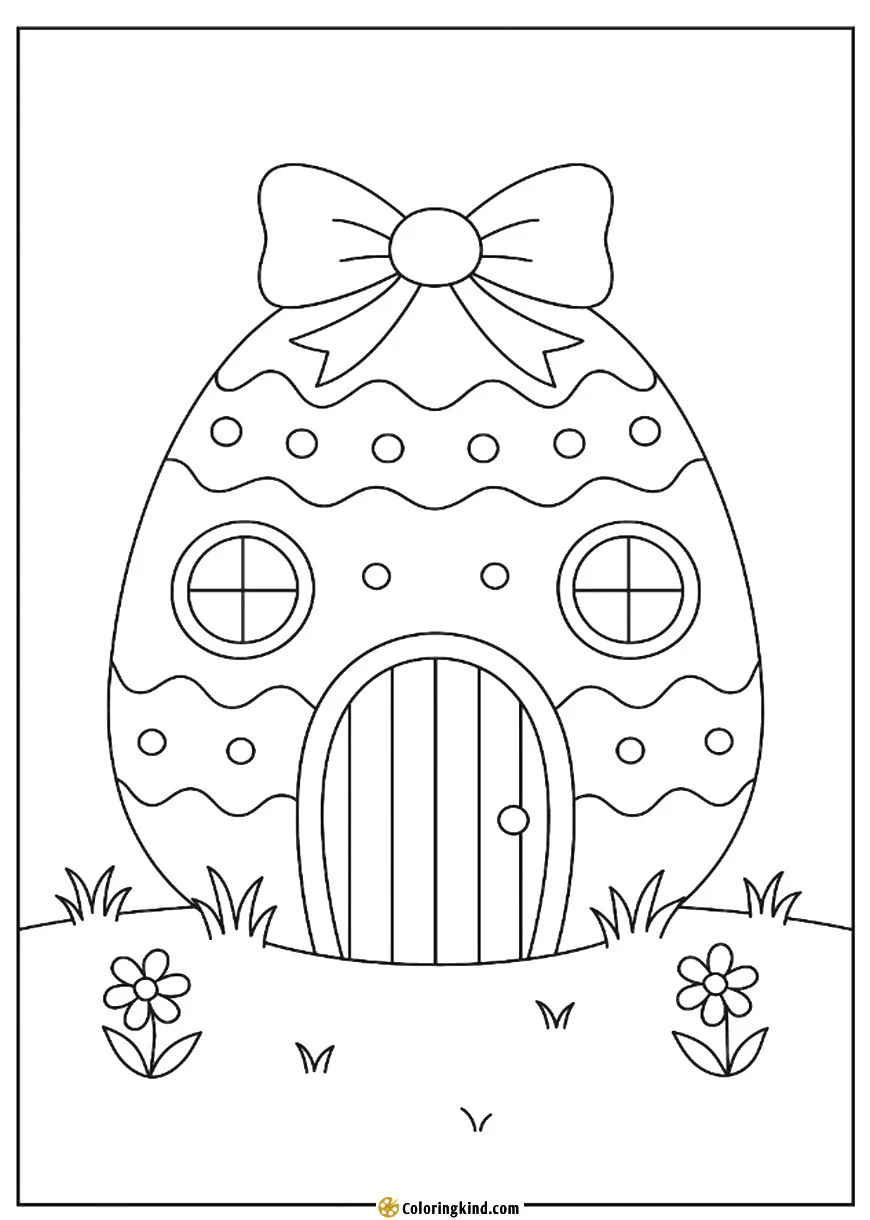 A giant Easter egg house with a door and windows