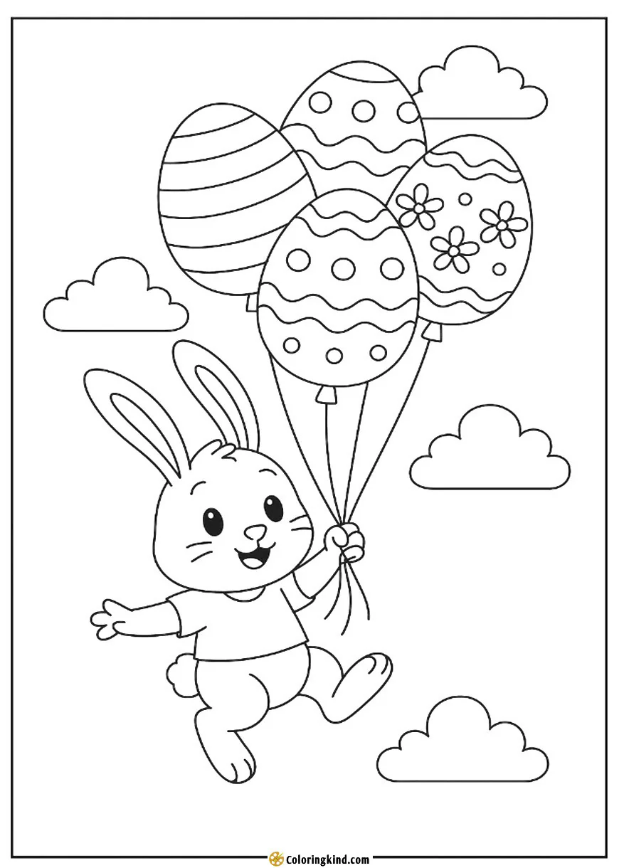 A bunny flying with balloons shaped like Easter eggs