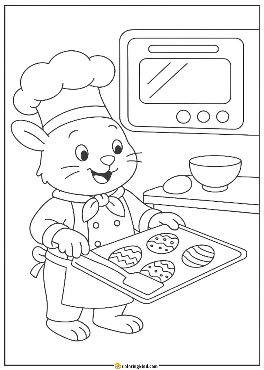 A bunny chef baking Easter egg-shaped cookies