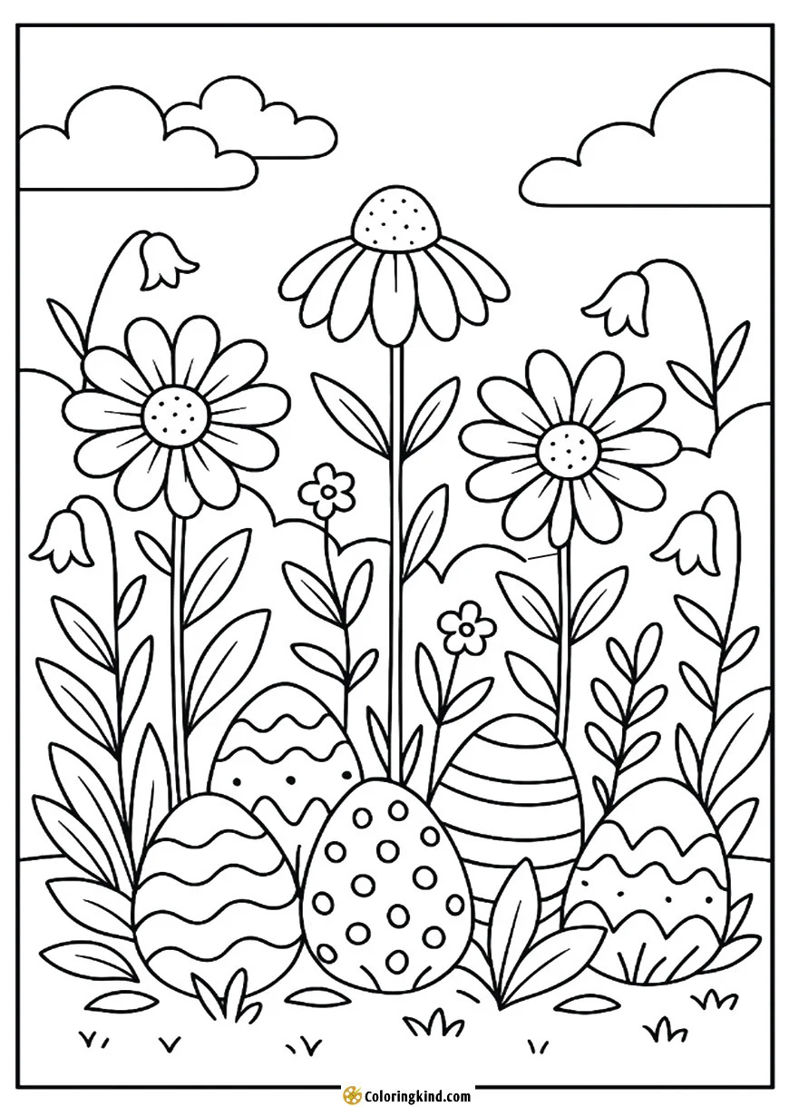 A peaceful garden scene with eggs hidden under flowers