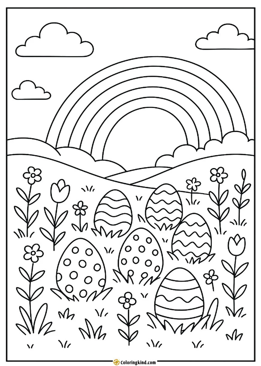 A rainbow leading to a field of hidden Easter eggs