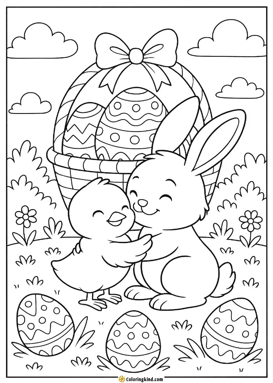 A bunny and chick hugging in front of an Easter basket