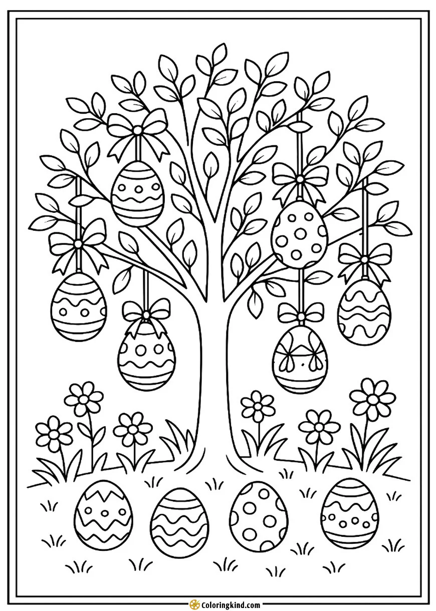 An Easter tree decorated with hanging eggs and ribbons