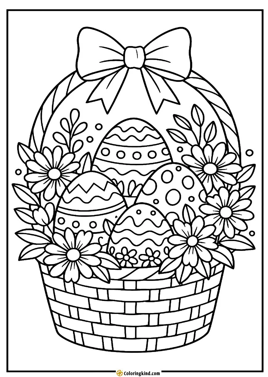 An Easter basket filled with eggs, flowers, and a ribbon