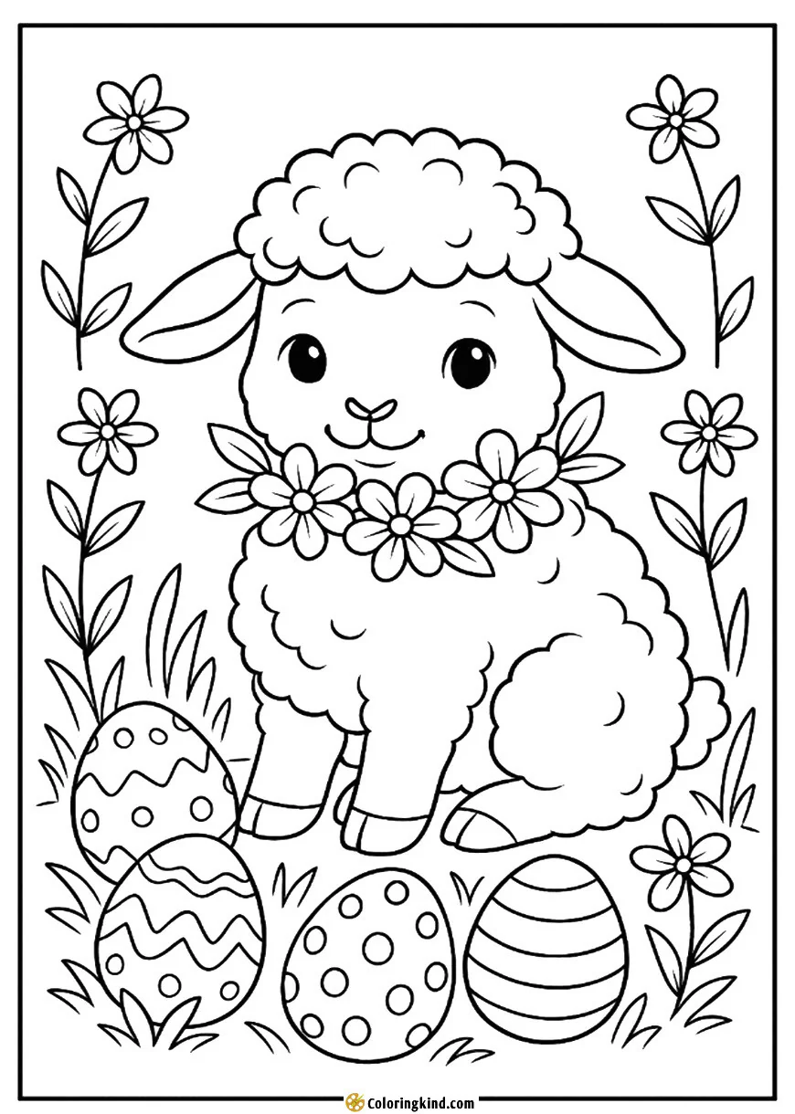 A cute lamb with flowers around its neck and Easter eggs nearby