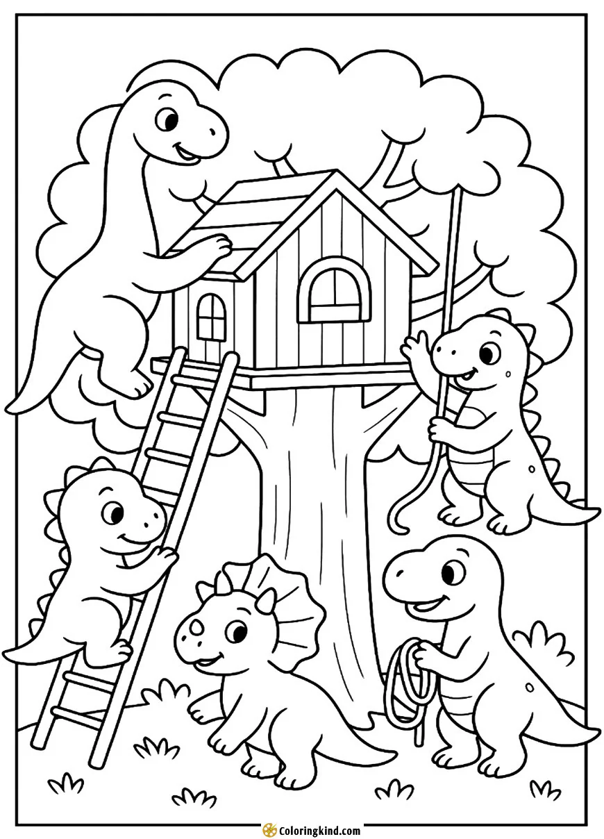 Friendly dinos building a treehouse together