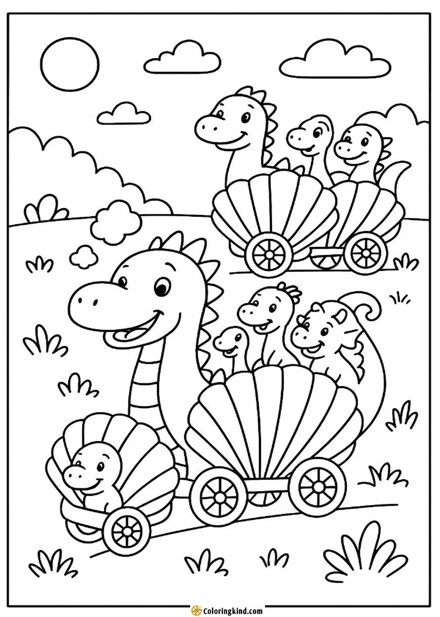 Dinosaur train with carriages made of giant shells