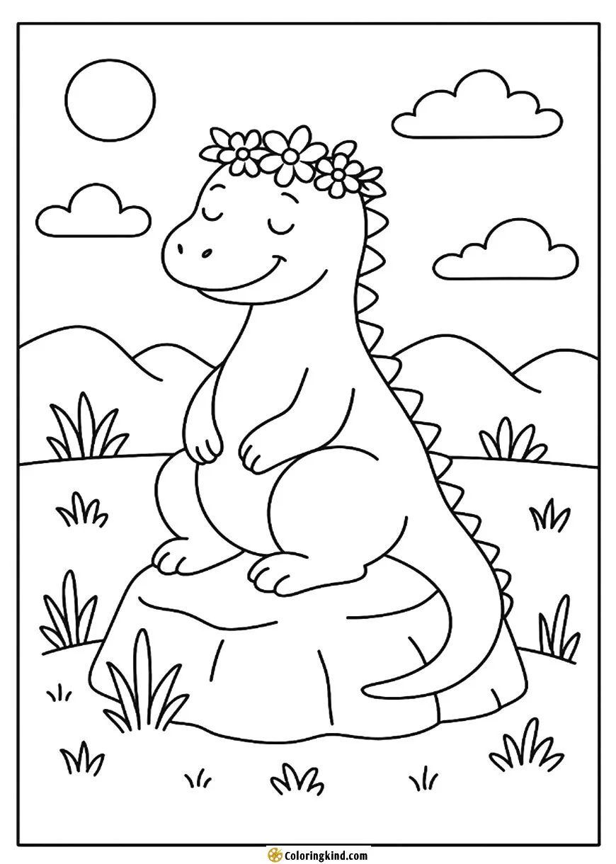 Flower-crowned dinosaur sitting serenely on a rock