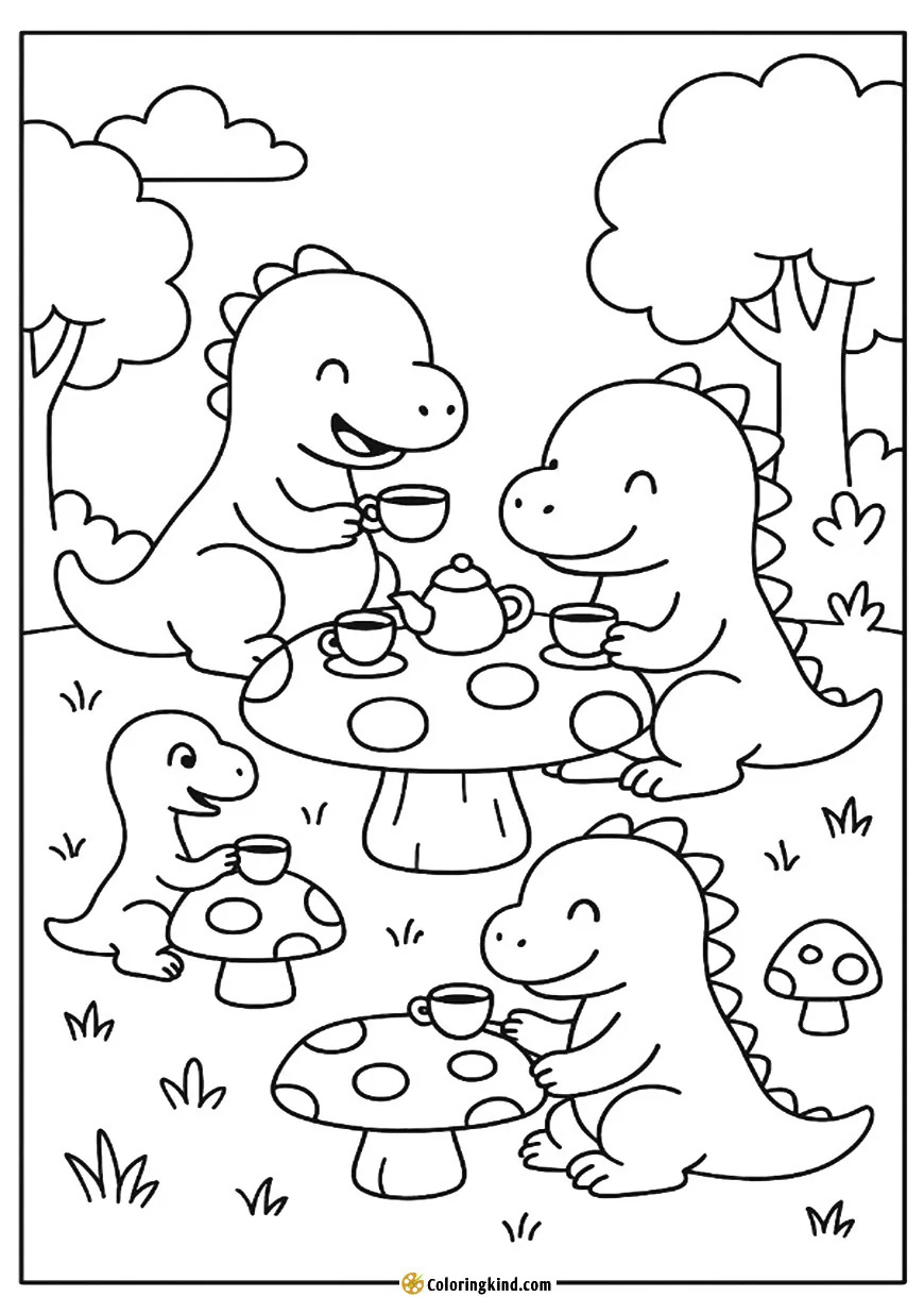 Tiny dinos having a tea party with mushroom tables.